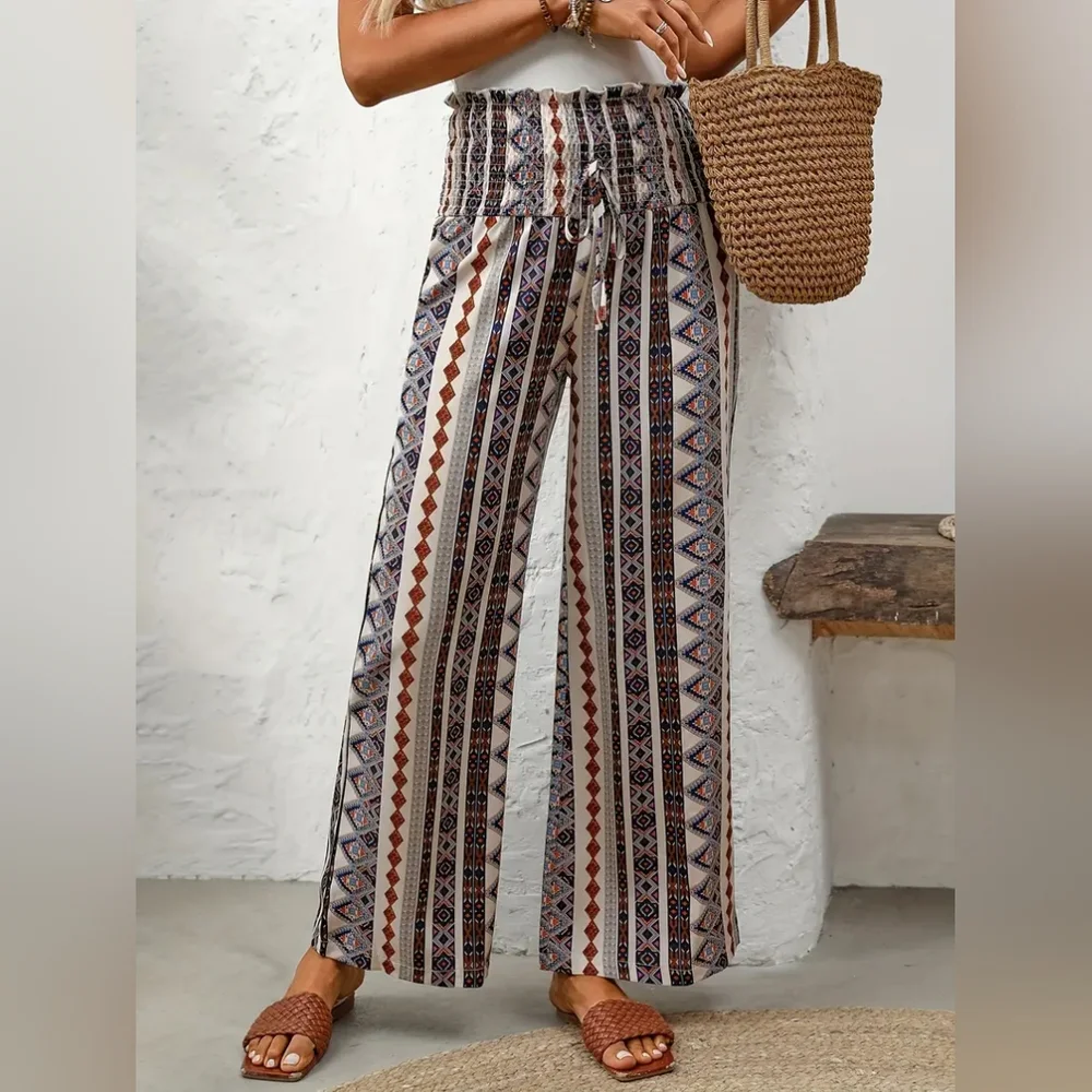 NWT Womens Wide Leg Pants High Elastic Waist Adjustable Knot Vaca Boho Geo Print